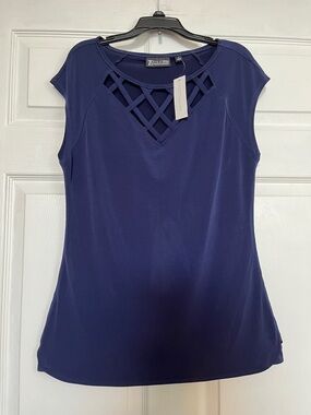 NY&C 7th Avenue Navy Blue Lattice Detail Blouse - Cap Sleeve - Women’s M